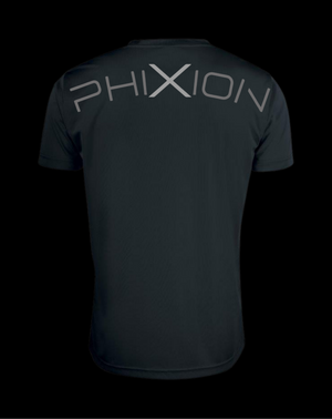 Flat back product image of the Phixion Active T-Shirt. Shows signature curved branding and lightweight material.