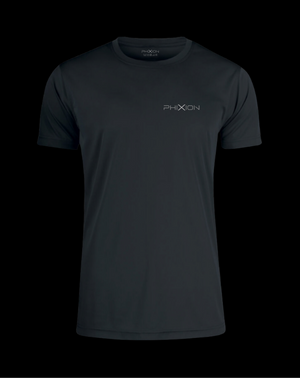 Flat front product image of the Phixion Active T-Shirt. Minimalist design with left chest logo and performance silhouette.