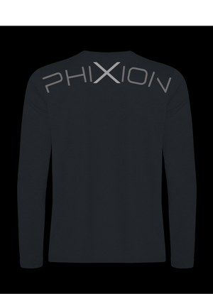 Flat back product image of the Phixion Active Long Sleeve T-Shirt. Displays signature curved back branding and lightweight construction.
