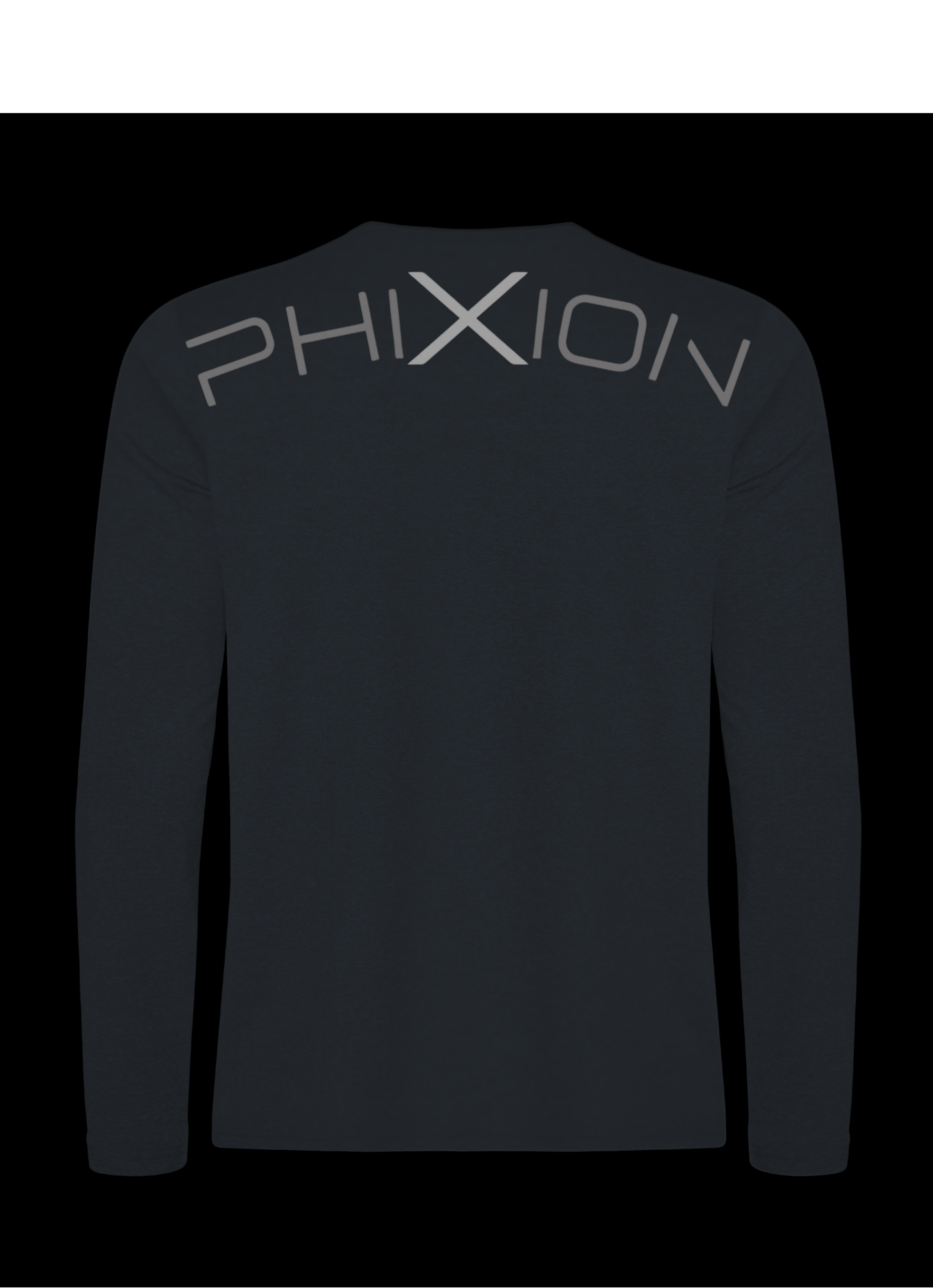 Flat back product image of the Phixion Active Long Sleeve T-Shirt. Displays signature curved back branding and lightweight construction.
